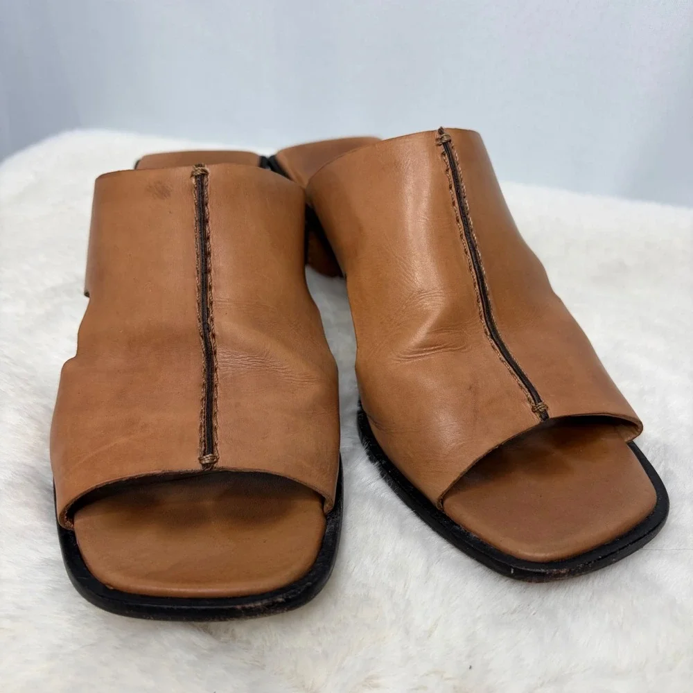 Cole Haan Studio Womens 6.5 B Tan Leather Square Toe Block Heel Slide Sandals